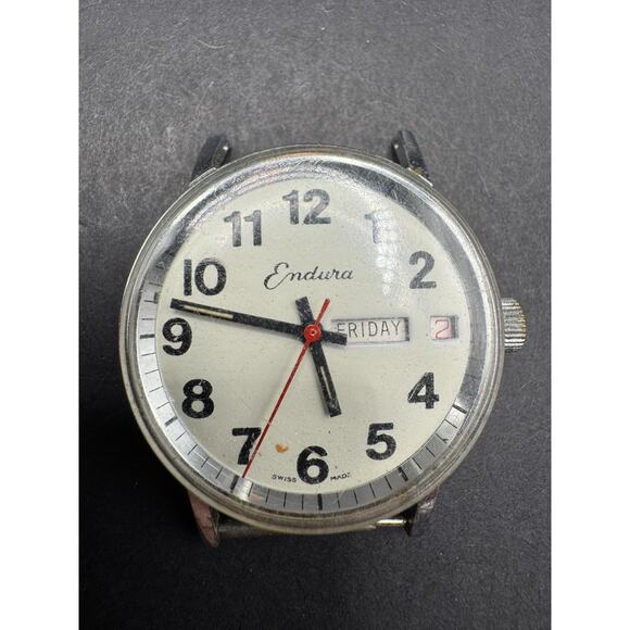 Vintage Endura Day Date Swiss Made Silver Tone Round Watch 33mm No Band - Picture 1 of 10